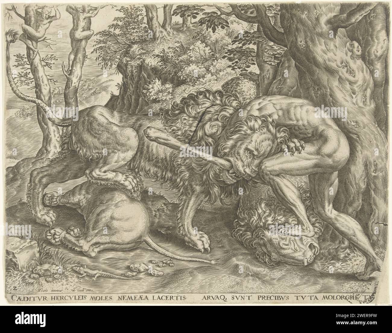 Hercules strangles the Nemean Lion, Cornelis Cort, after Frans Floris ...