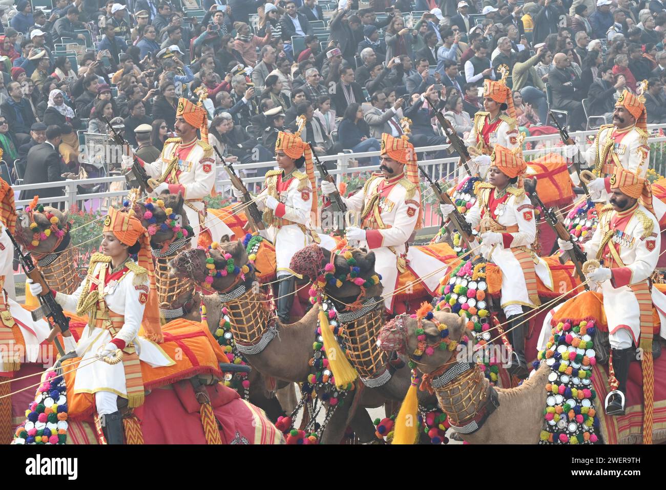 NEW DELHI, INDIA - JANUARY 26: Camel mounted contingent of Border ...