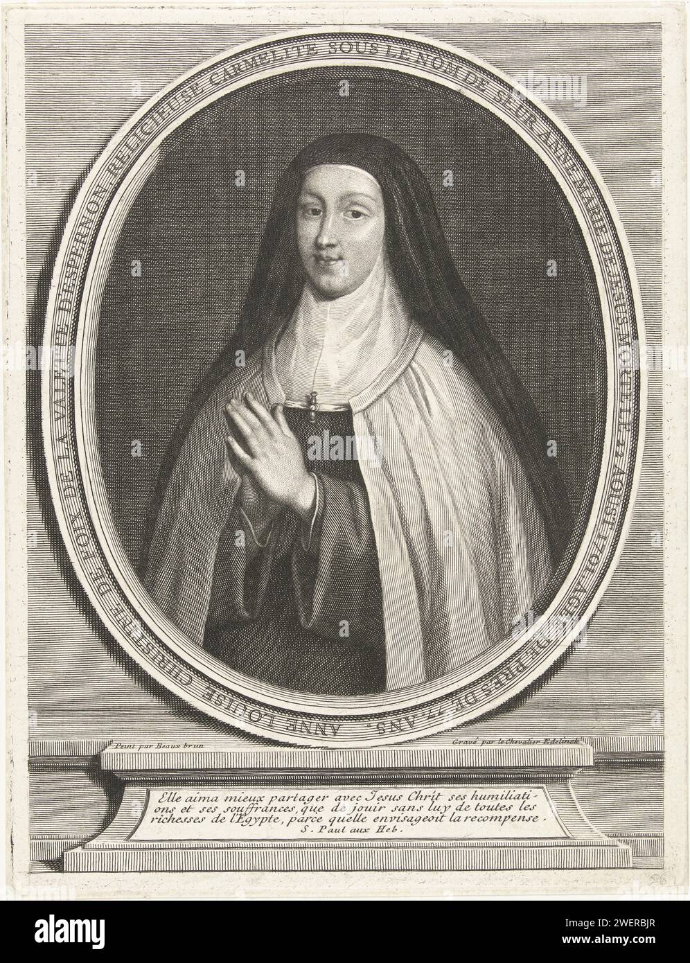 Portret van Anne-Louise-Christine de Foix de la Valette d'Epernon, Gerard Edelinck, After Charles Beaubrun, 1652-1707 print Portrait of Karmelietes Sister Anne-Louise-Christine de Foix de la Valette d'Epernon (1622-1701). Displayed with your hands together, in oval frame with text, including three lines of Latin.  paper engraving Stock Photo
