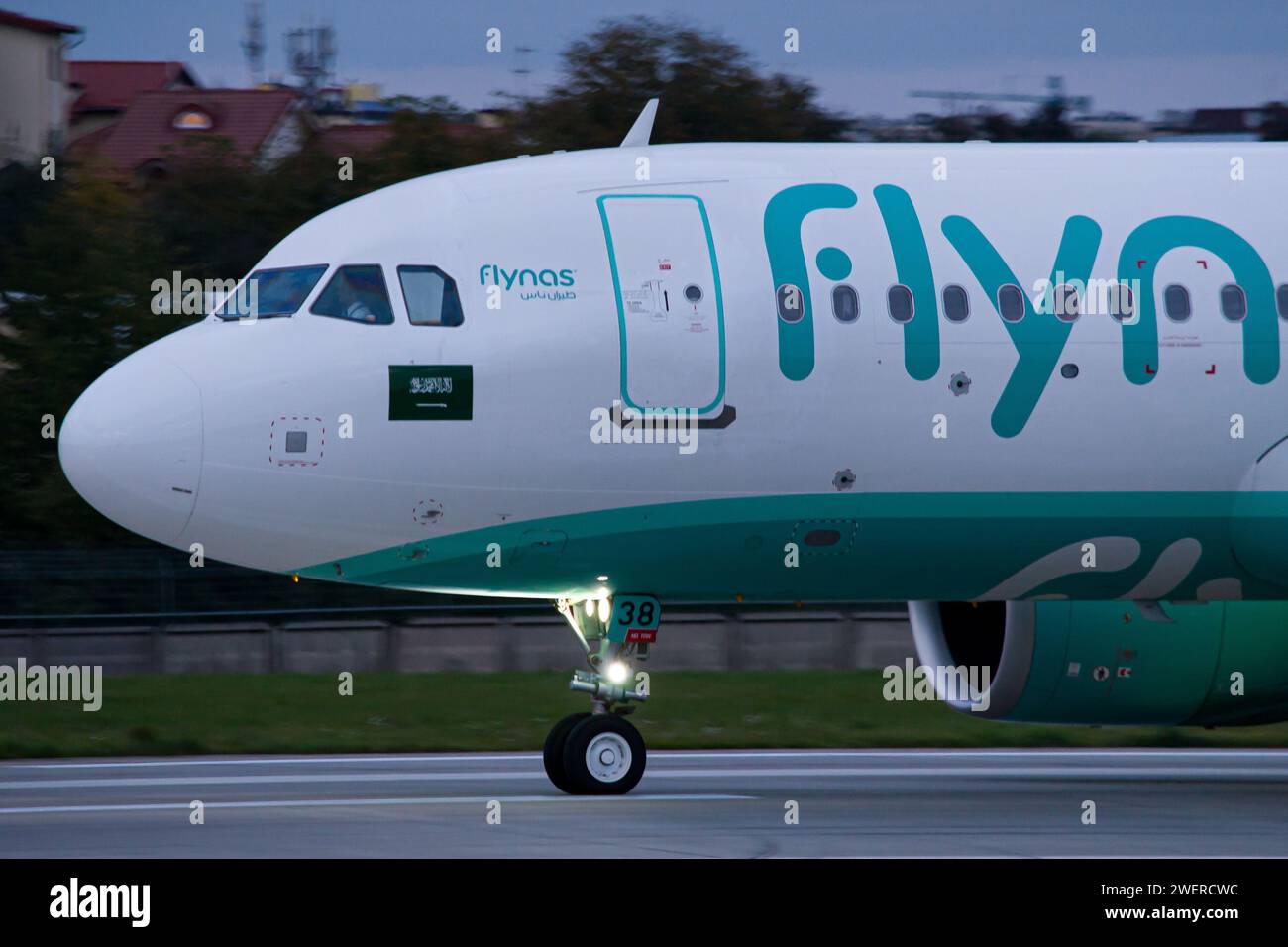 flynas Airbus A320 NEO cockpit close-up photo, taxiing after landing in Lviv Stock Photo