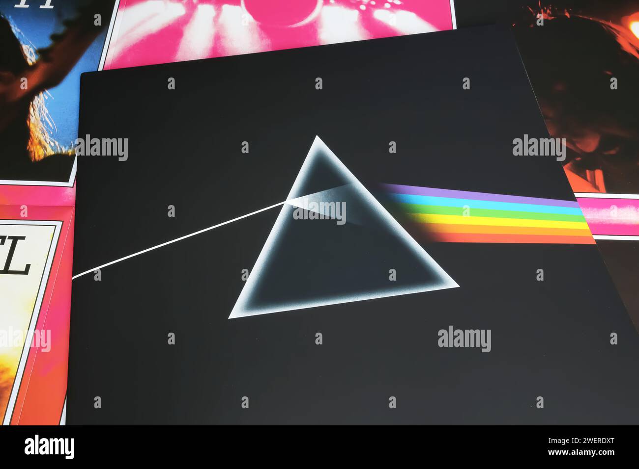 Viersen, Germany - January 9. 2024: Closeup of Pink Floyd best selling album vinyl record cover the dark side of the moon from 1973 Stock Photo