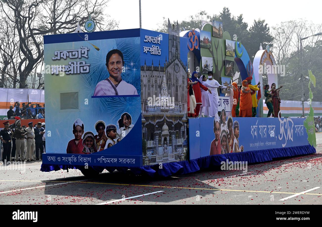 KOLKATA, INDIA - JANUARY 26: A Tableau with tagline 'Dhormo jaar Jaar ...