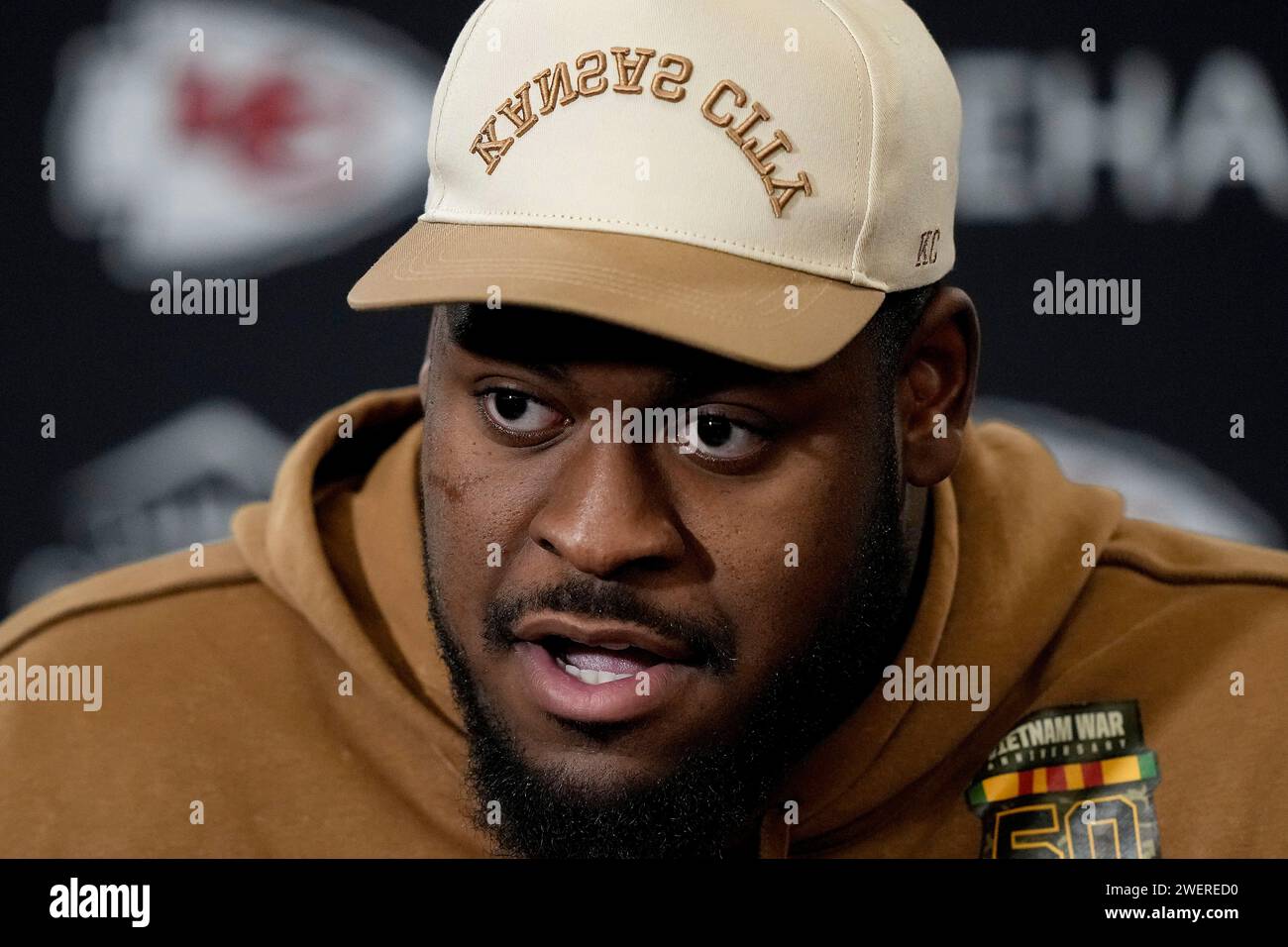 Kansas City Chiefs guard Trey Smith talks to the media after the NFL football team's practice