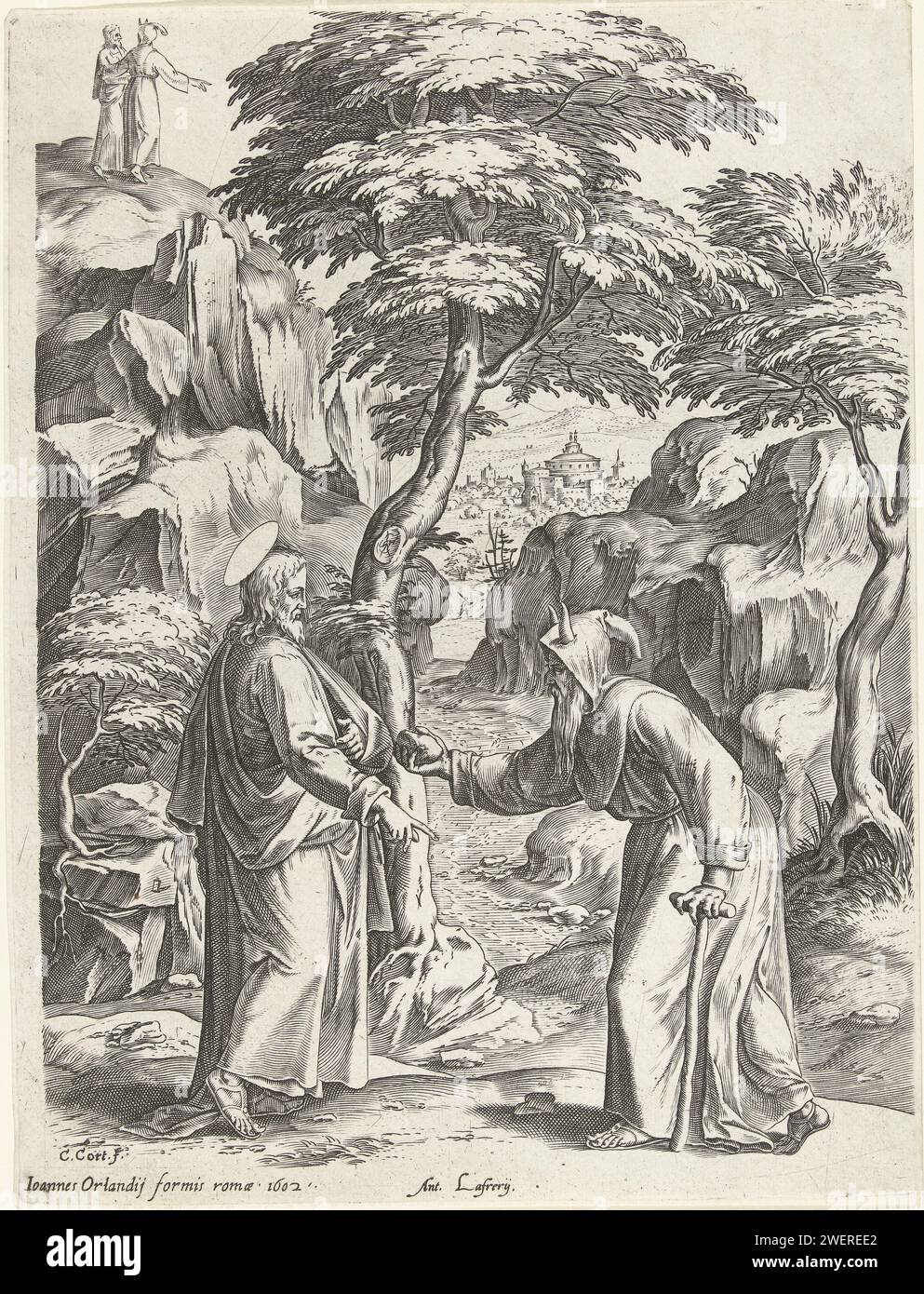 Requirement of Christ, Cornelis Cort, After Federico Zuccaro, 1602 print Christ on the left in the foreground, standing in front of a rock at a tree. In front of him, the devil is in the shape of an old man in monks, with cones on the head. He offers Christ a stone (which he has to turn into a bread). At the top left of the rock the devil that Christ promises the kingdoms of the world when he starts worshiping him. Madling landscape with a view of a city in the background.  paper engraving 'command these stones to become loaves of bread' ~ temptation of Christ in the wilderness. 'all these wil Stock Photo