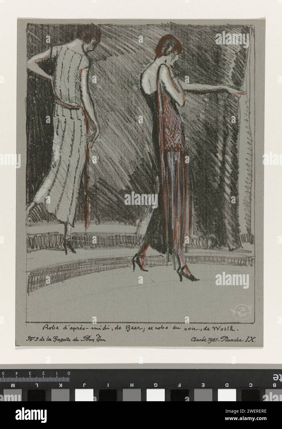 Gazette du Bon Ton, 1921 - No. 3, pl. IX: afternoon dress, beer; and evening dress, from Worth., Porter Woodruff, 1921  Two women, seen on the back, dressed in an afternoon gown of Beer and an evening gown from Worth, walking on a staircase in a nightlife. Planche IX from a series of four lithographs entitled: 'Les Modes and L'An de Grace Mil Neuf Cent Vingt Un', from Gazette du Bon Ton 1921, No. 3. Explanation about the clothing on page 'Explication des planches'.  paper  fashion plates. dress, gown: evening dress (+ women's clothes). Stock Photo