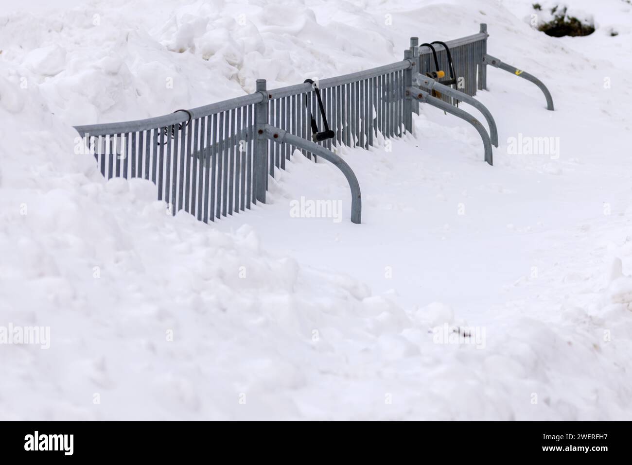 Bicycle rack covered with snow. Stock Photo