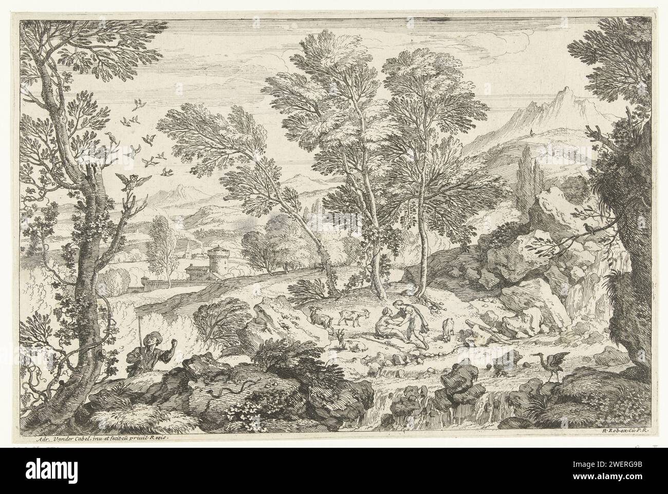 Landscape with waterfall and various animals, Adriaen van der Kabel, 1648 - 1705 print Landscape with in the foreground, on the left, a man with a stick looking up to a tree in which an owl. On the rock for him a snake and a running bird with spread wings at the waterfall. On the other side of the river two people between a few goats. In the background a mountain landscape with different villages. First print from the series of six.  paper etching landscapes. owls Stock Photo