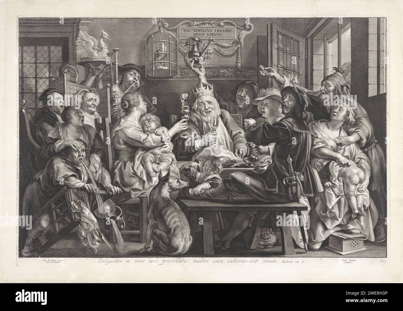 De Koning drinks (three kings), Paulus Pontius, after Jacques Jordaens, 1616 - 1657 print In a departure, an exuberant group of Epiphany celebrates. Men, women and children eat, drink and sing. In the middle, the 'king', a fat man with paper royal crown on the head, lifts his glass. A tablet hangs above his head on the wall: Nil Similius Insano Quam Ebrius (so the old people sang, the boy squeaks). In addition, a parrot in a bird cage. On the right a woman wipes the buttocks of a child, while an old man grabs her chest. From his mother's lap, a child pees on a dog at the table. A man has to vo Stock Photo