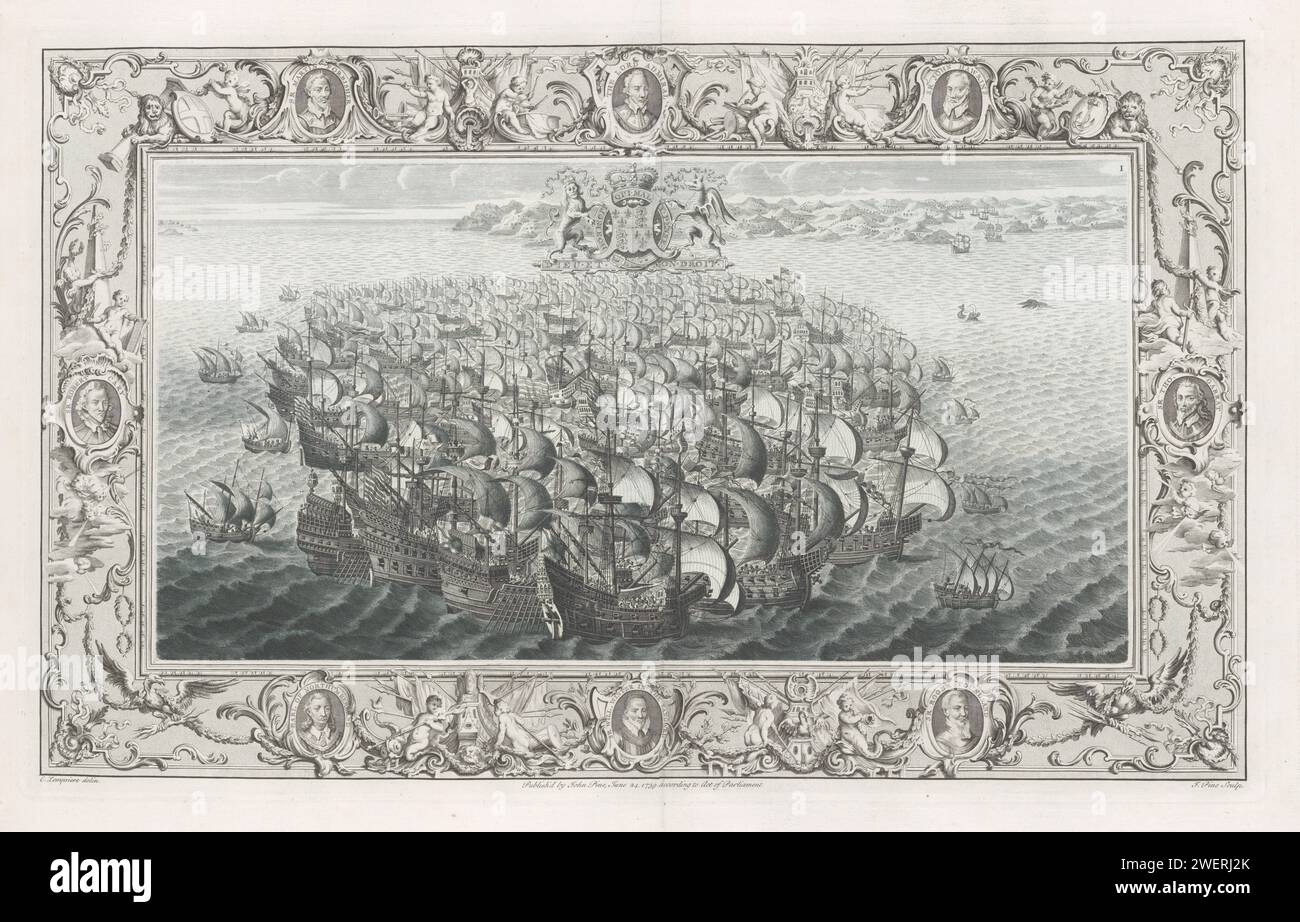 Reproduction of a wall carpet over the Spanish Armada (July 16-20), 1739 print Spanish fleet in the canal under the coast of Cornwall and Devon with at the top of the coat of arms of the English Queen Elizabeth I. The performance (numbered I) is caught in an ornament edge with eight portraits of commanders of the English fleet. In the middle of the portrait of Charles Howard, Lord High Admiral and supreme commander of the English fleet against the Spanish Armada. Upstairs and below between the portraits of shipping with spears and banners and flanked by putti. They blow on a trumpet or shell, Stock Photo