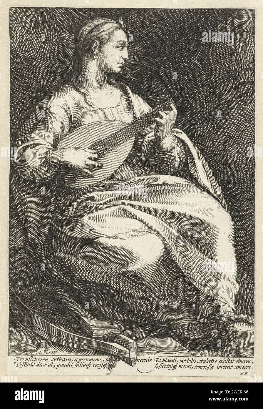 Terpsichore, 1592 print A series of nine muses. Four lines of Latin from Franco Estius in margin under print.  paper engraving Terpsichore (one of the Muses); 'Terpsicore' (Ripa) Stock Photo