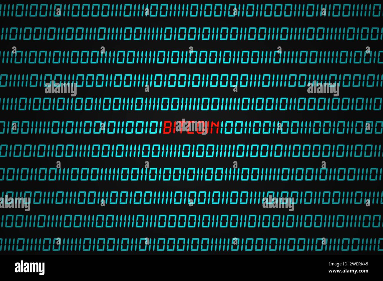 Red word "Bitcoin" hidden in the middle of a binary code sequence. Stock Photo