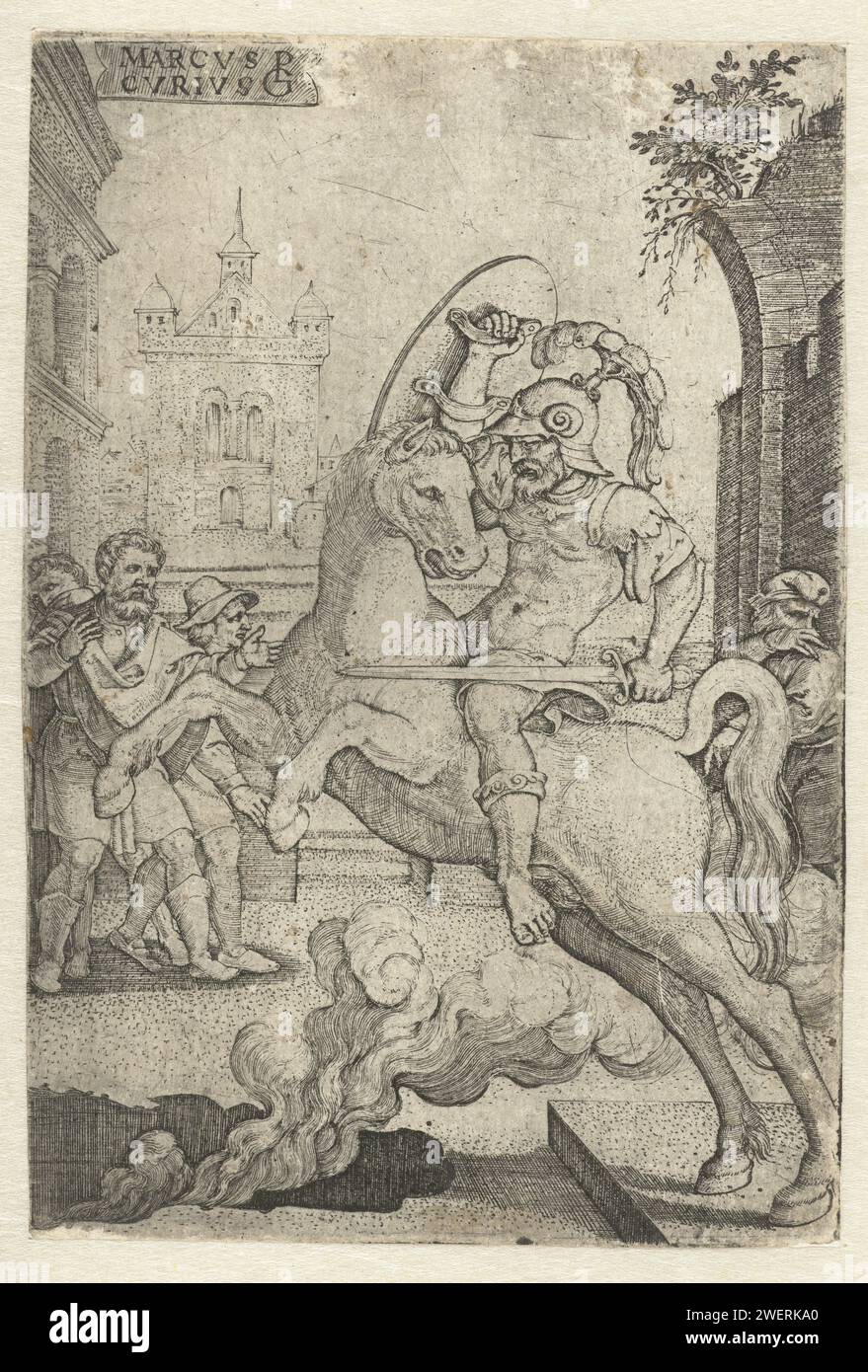 Marcus Curtius plunge into a gorge, Georg Pencz, 1535 print Marcus ...