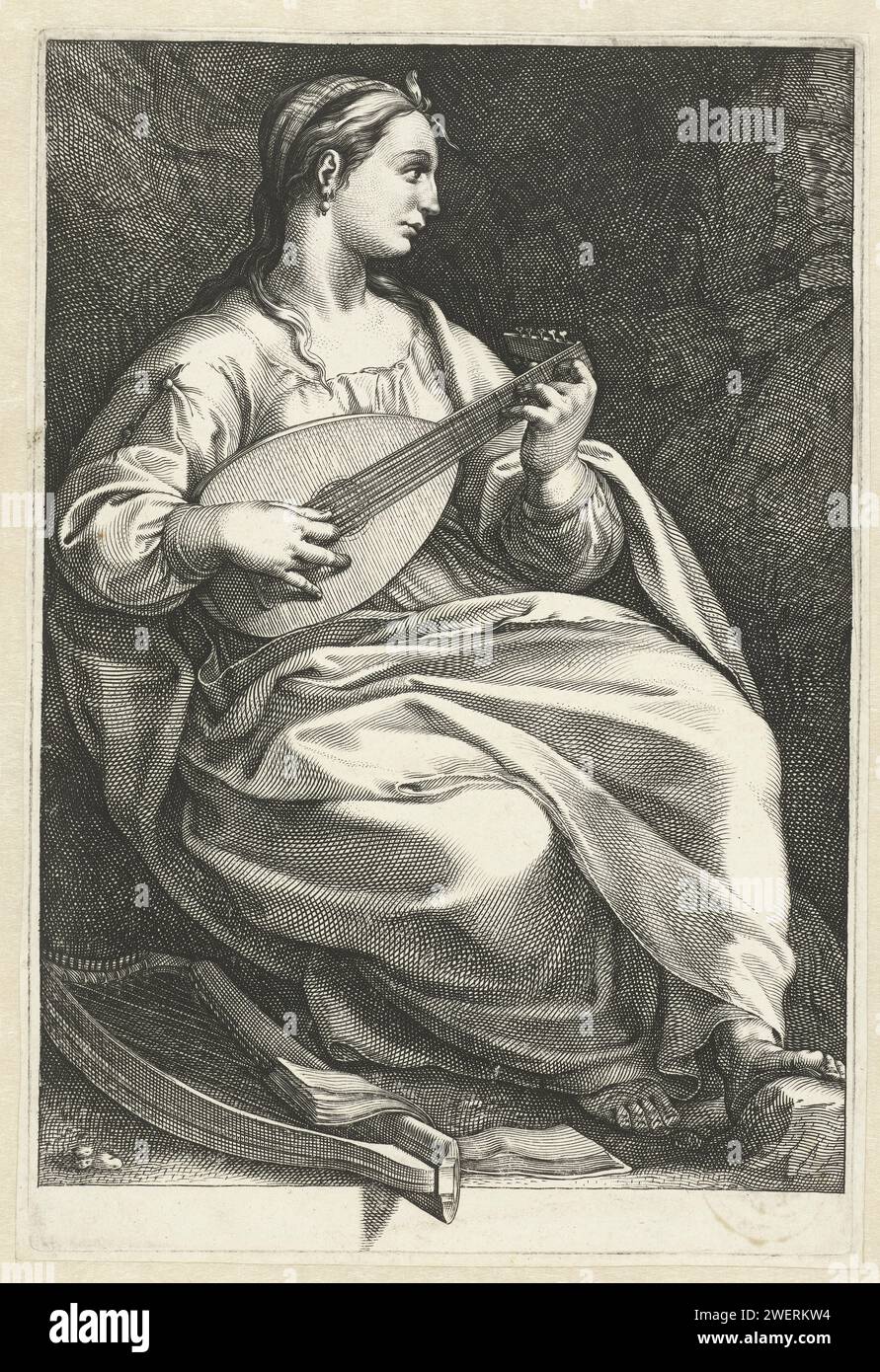 Terpsichore, 1592 print A series of nine muses. First state, for captions.  paper engraving Terpsichore (one of the Muses); 'Terpsicore' (Ripa) Stock Photo