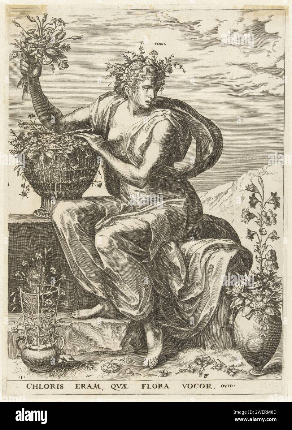 Flora, Cornelis Cort, after Frans Flower (1), 1564 print The goddess Flora sitting on a stone. There are baskets around her with flowers and her hair is also decorated with flowers.  paper engraving (story of) Flora Stock Photo