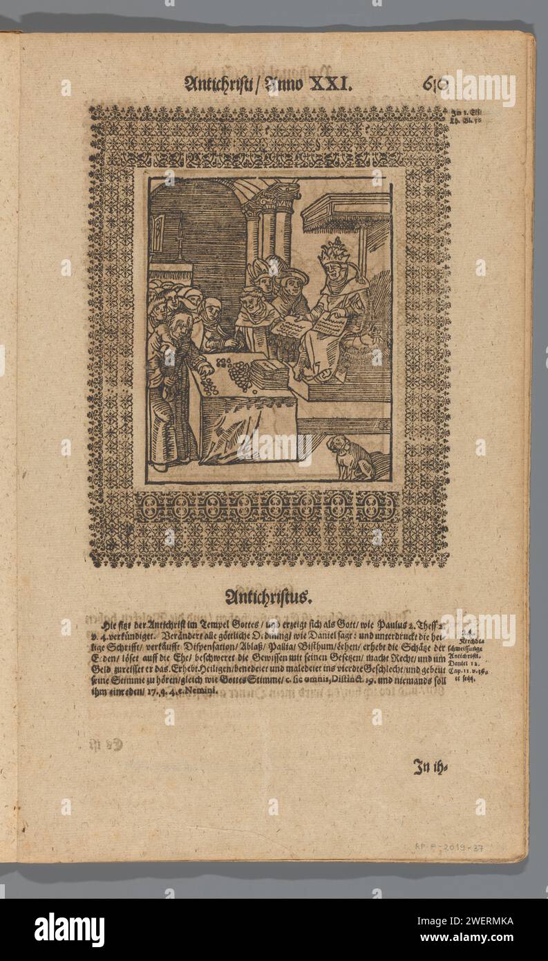 Paus receives afloat money, monogrammist GK (print maker, 17th century), after Lucas Cranach (i), c. 1661 print Pope receives money with the sale of indulgences. Contrary to money and religion. Mirror-image copy to the print of Lucas Cranach in the pamphlet 'Passional Christi und Antichristi' by Martin Luther from 1521, page 610 from a 17th-century edition. The series of thirteen pairs of woodcuts reflects the contradictions between the humility and selflessness of Christ on the one hand, and the pride and greed of the Pope on the other.  paper letterpress printing the richness of the Church o Stock Photo