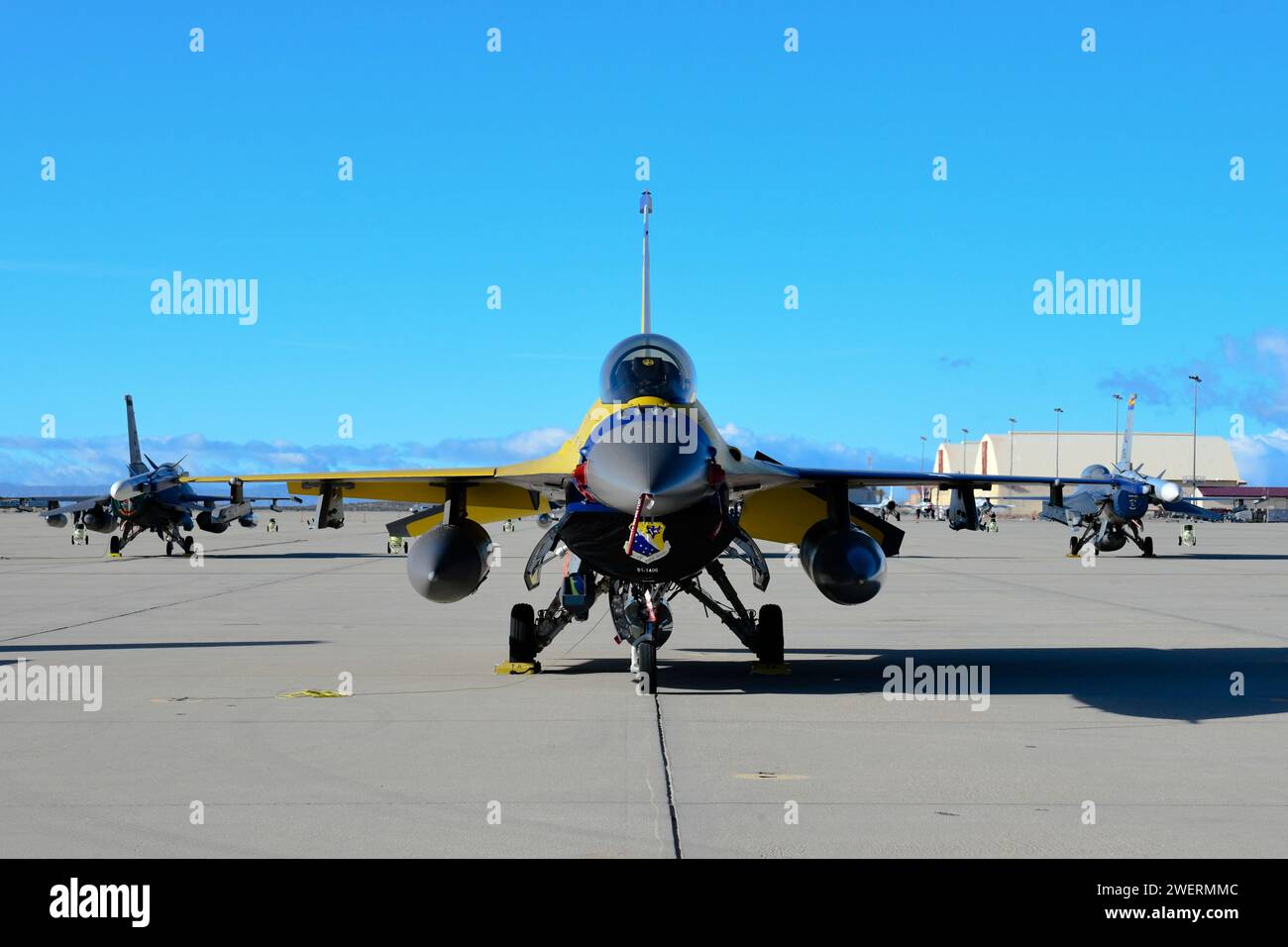 A U.S. Air Force F-16 Fighting Falcon from the 148th Fighter Wing, Duluth, Minn. on the flight line during Falcon Rejoin 50 events January 25, 2024 at Edwards Air Force Base, California. Falcon Rejoin 50 celebrated the 50th Anniversary of the first flight of the F-16 January 20, 1974. (U.S. Air National Guard photo by Senior Master Sgt. Jason W. Rolfe) Stock Photo