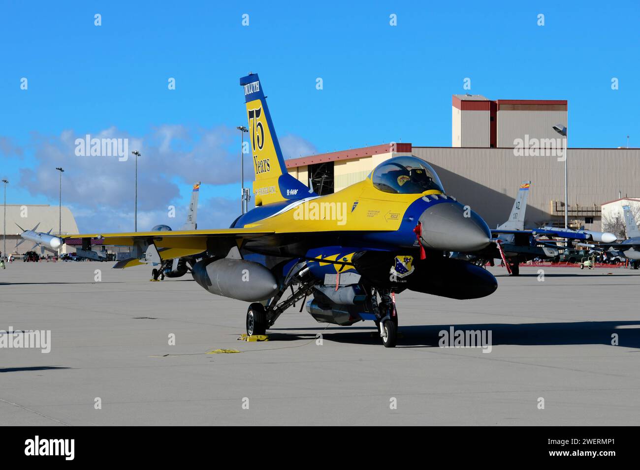 A U.S. Air Force F-16 Fighting Falcon from the 148th Fighter Wing, Duluth, Minn. on the flight line during Falcon Rejoin 50 events January 25, 2024 at Edwards Air Force Base, California. Falcon Rejoin 50 celebrated the 50th Anniversary of the first flight of the F-16 January 20, 1974. (U.S. Air National Guard photo by Senior Master Sgt. Jason W. Rolfe) Stock Photo