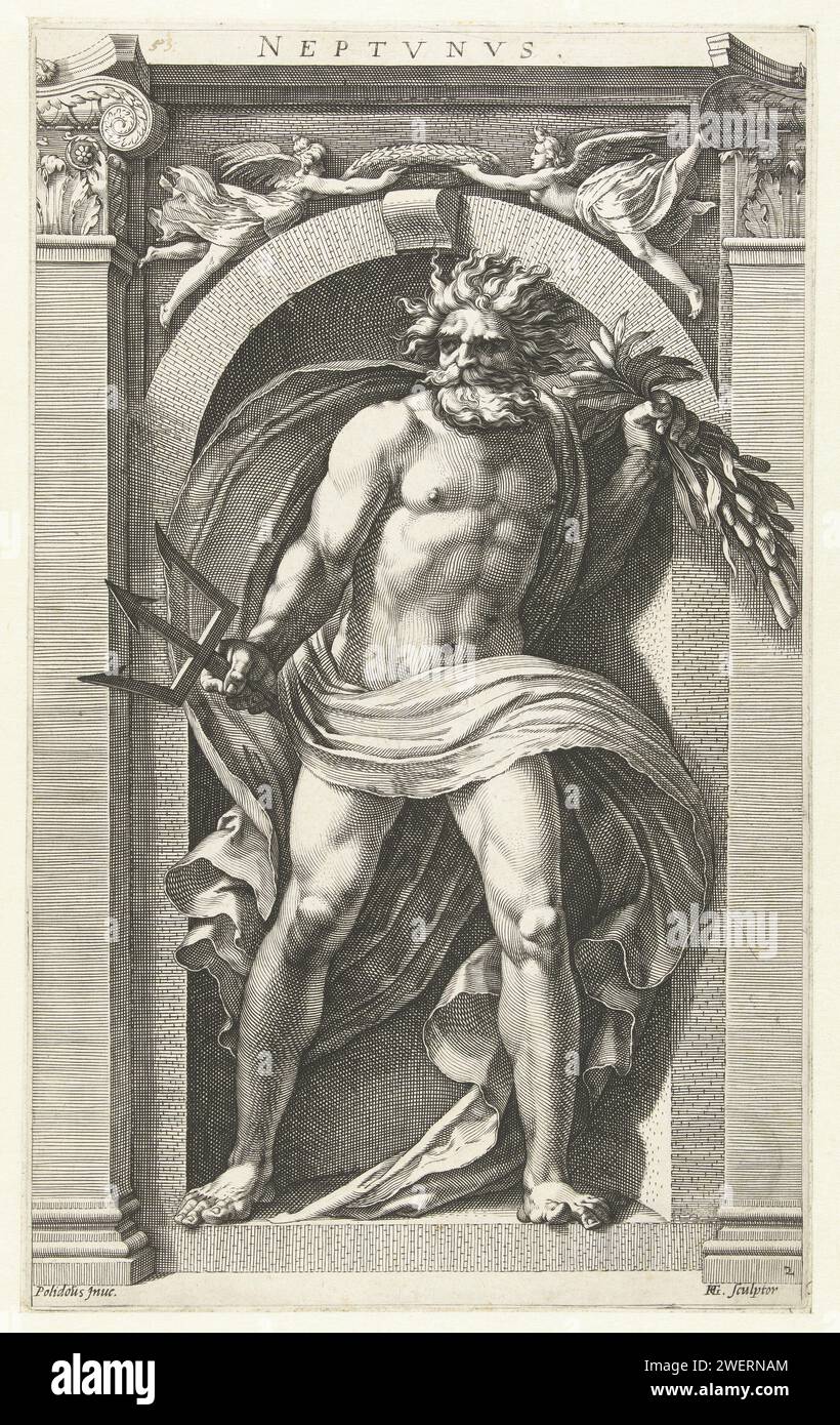 Neptune, 1592 print Neptunus, standing in a niche, a trident in his ...