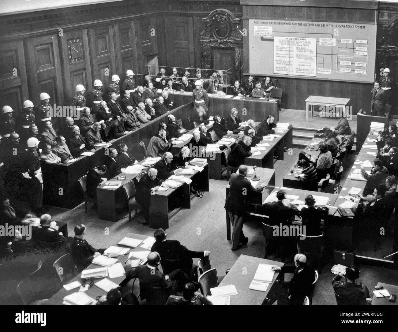NUREMBERG TRIALS  1945-46.Prosecution display diagram of overlaps between the Gestapo and the German Police. Stock Photo