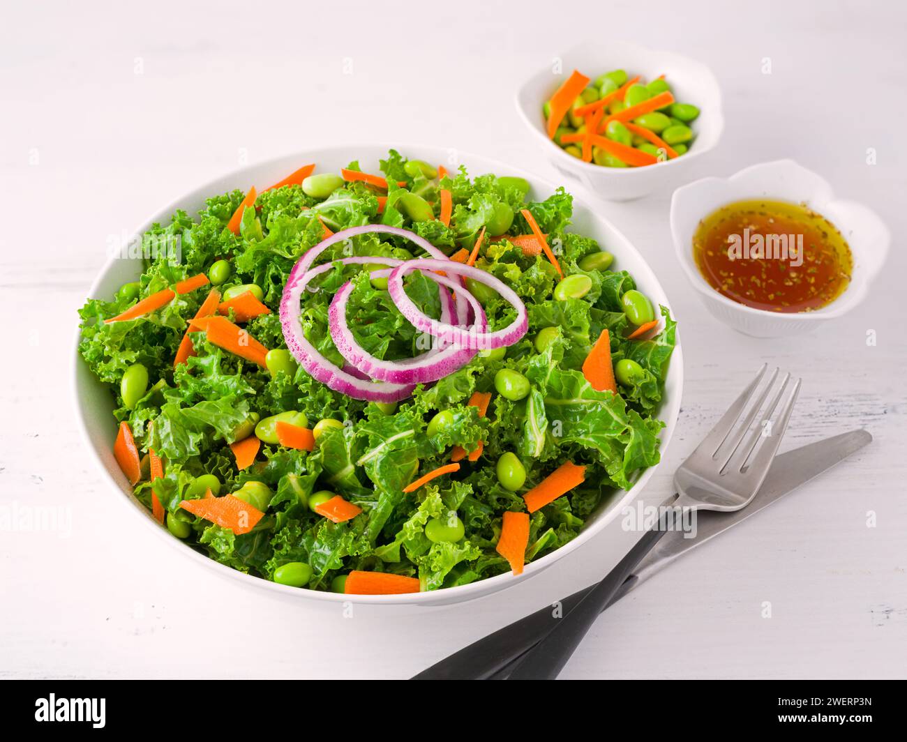 Fresh and healthy organic kale salad with Edamame, carrots and red