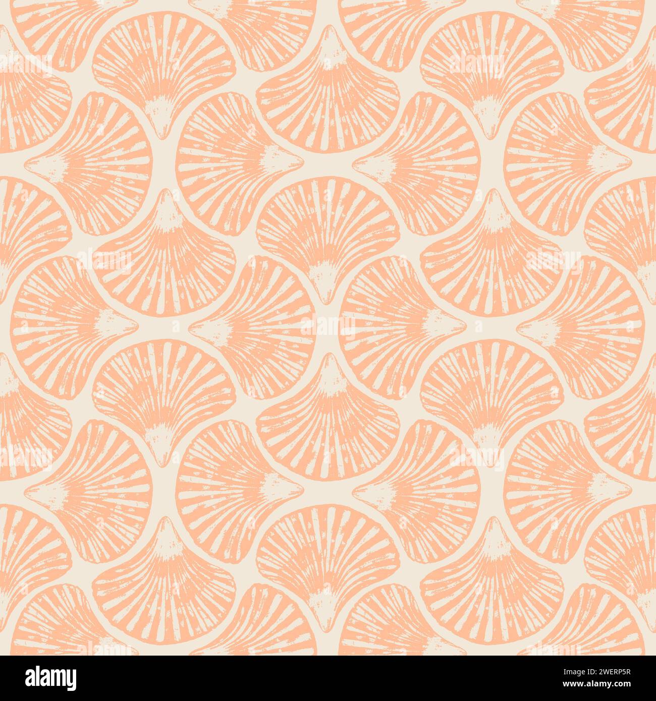 Art deco style abstract watercolor sea shells geometric forms seamless pattern background. Hand drawn Peach Fuzz color elements texture. Watercolour p Stock Photo