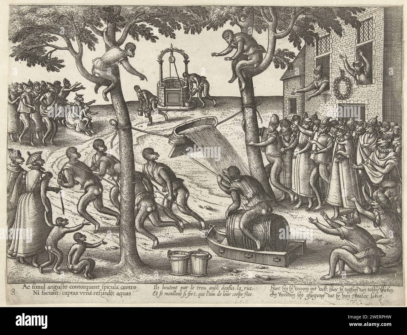 Tobbespel, Pieter van der Borcht (I), 1545 - 1608 print The print shows a folk entertainment from the 16th century: tub game or tub stitches. The game is played by monkeys. A tub filled with water is hung between two trees. Pulled on a ton of trying to put young people with a lance by putting a hole in the Tobbe. Who is successful does not get wet. A crowd welcomes a young monkey while he dares his chance. His attempt failed and the full tobbe with water tilts over him. A caption of two lines in French, the Netherlands and Latin.  paper etching tilting at the ring ( games of skill). drumming- Stock Photo