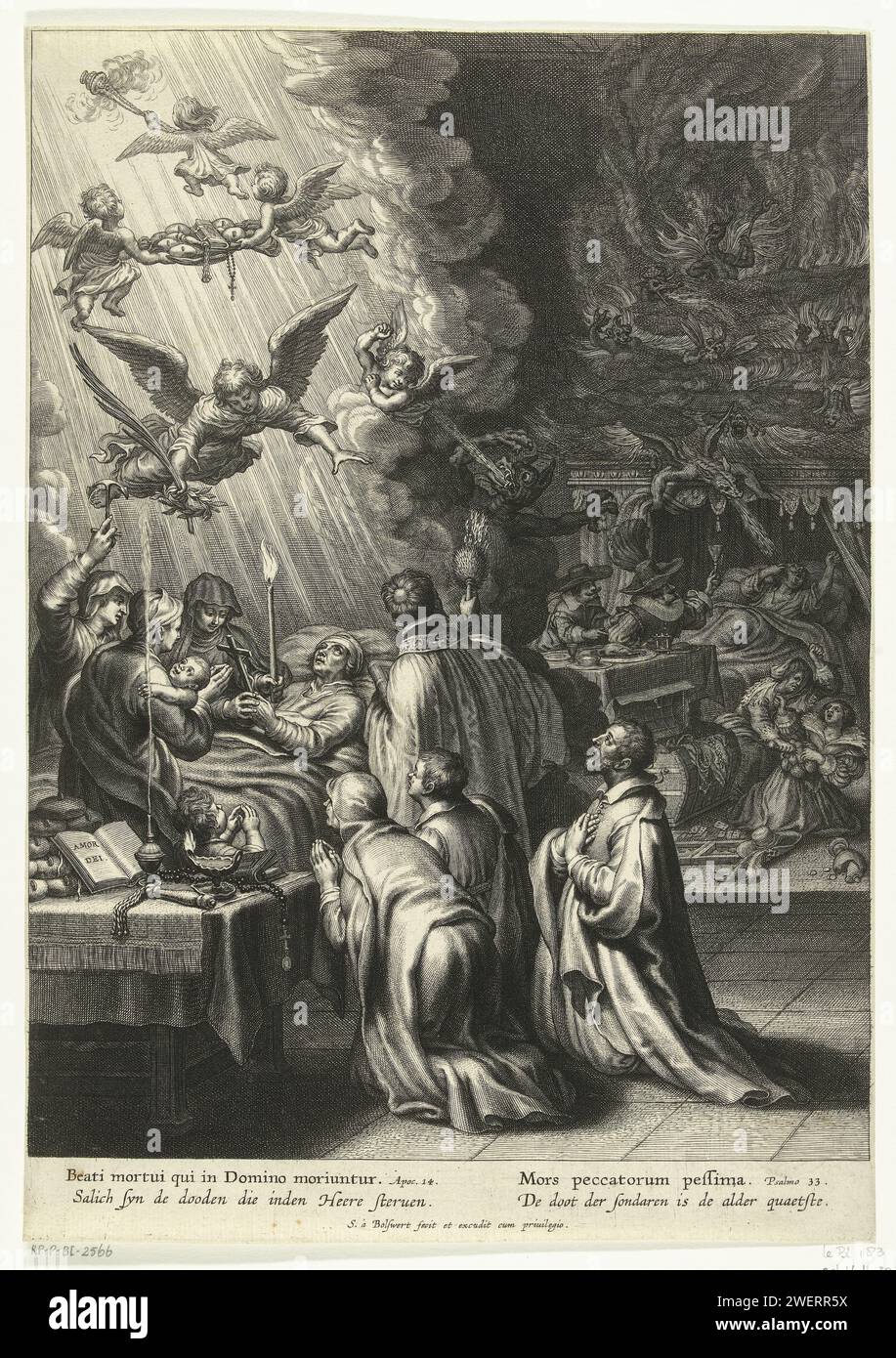 Allegory of dying, Schelte Adamsz. Bolswert, After Unknown, 1596 - 1659 print Allegory of dying with dying woman assisted by clergy and grieving family, she is welcome in heaven. On a table is an open book with the text Amor Dei. In the background in the dark are men and women who are guilty of eating and drinking too much and attaching precious possessions such as jewelry. There are traces of pernicious activities such as a card game and a board game on the ground. They see behind them what happens to them when they die: the soul of a woman is brought into bed by the devil and demons waiting Stock Photo