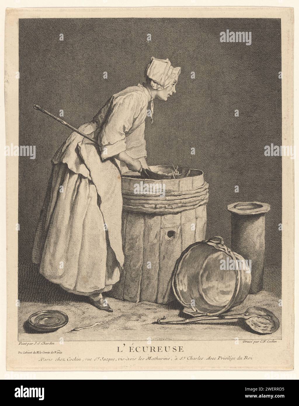 Woman at the dishes, Charles Nicolas Cochin (I), After Jean Baptiste Siméon Chardin, 1740 print A woman, depicted and depicting standing next to a large tub, washes a pan while she is thinking in the distance. There is a copper kettle and a skimmer around the Tobbe.  paper etching kitchen-personnel. house personnel, servants. kitchen-utensils Stock Photo
