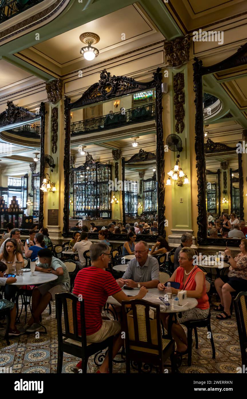 Big mirrors on Confeitaria Colombo coffeehouse main room walls, a famous cafe and landmark of the city located at Goncalves Dias street in Centro area. Stock Photo