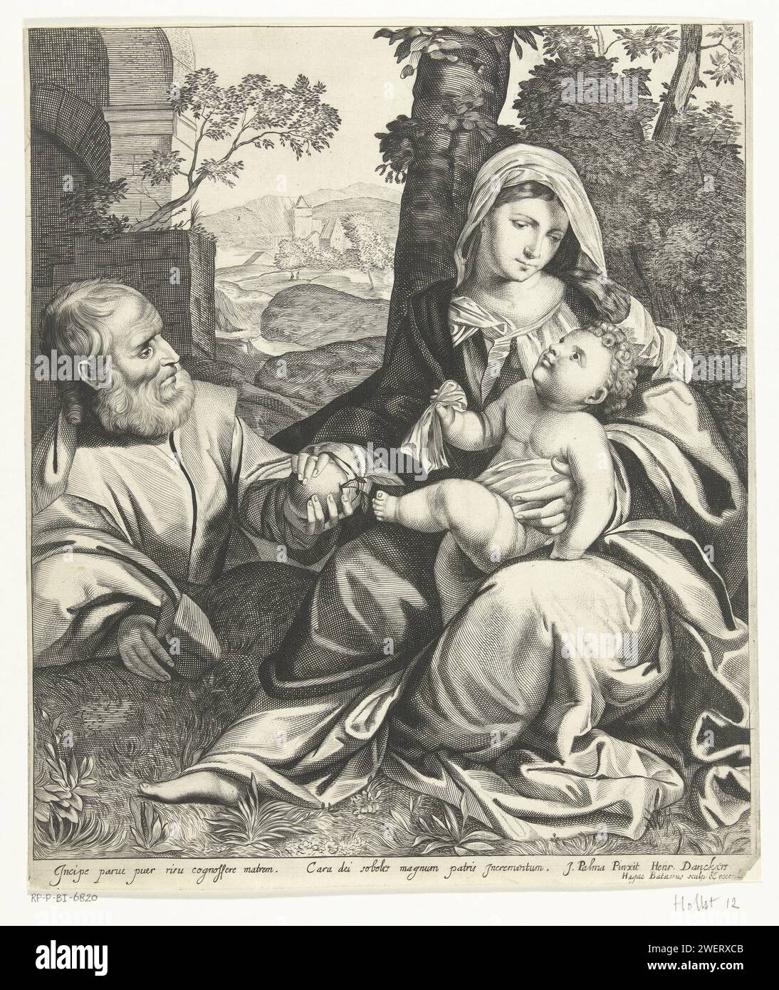 Rest on the Flight into Egypt, Hendrick Danckerts, after Jacopo Palma (il Vecchio), 1635 - 1679 print Rest on flight to Egypt. Maria sitting on the floor at trees with child on their lap. Jozef offers fruit, possibly an orange. In the Latin text.  paper engraving Holy Family, and derived representations Stock Photo