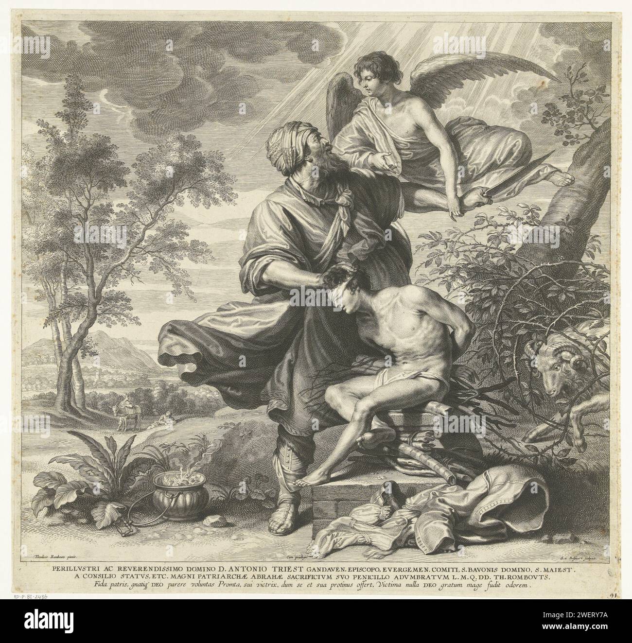 Offer from Abraham, Schelte Adamsz. Bolswert, after Theodoor Rombouts, 1596 - 1659 print An angel keeps Abraham from killing his son Isaac who is blindfolded on the altar. In the Braam bushes there is a ram entangled that will be used as a sacrifice instead of the boy.  paper engraving Abraham picks up the knife to kill Isaac. a ram caught in a thicket is sacrificed instead of Isaac Stock Photo