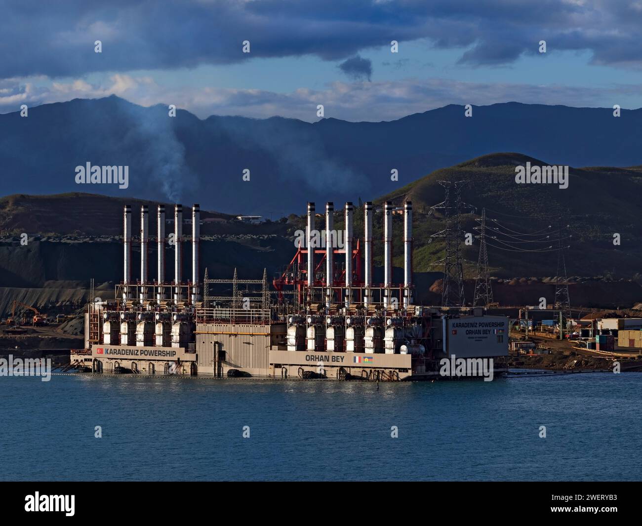 Mining Industry /  Floating Powership  Orhan Bey in the Port of Noumea, New Caledonia. The Turkish Powership is generating electricity  for SLN-Eramet Stock Photo