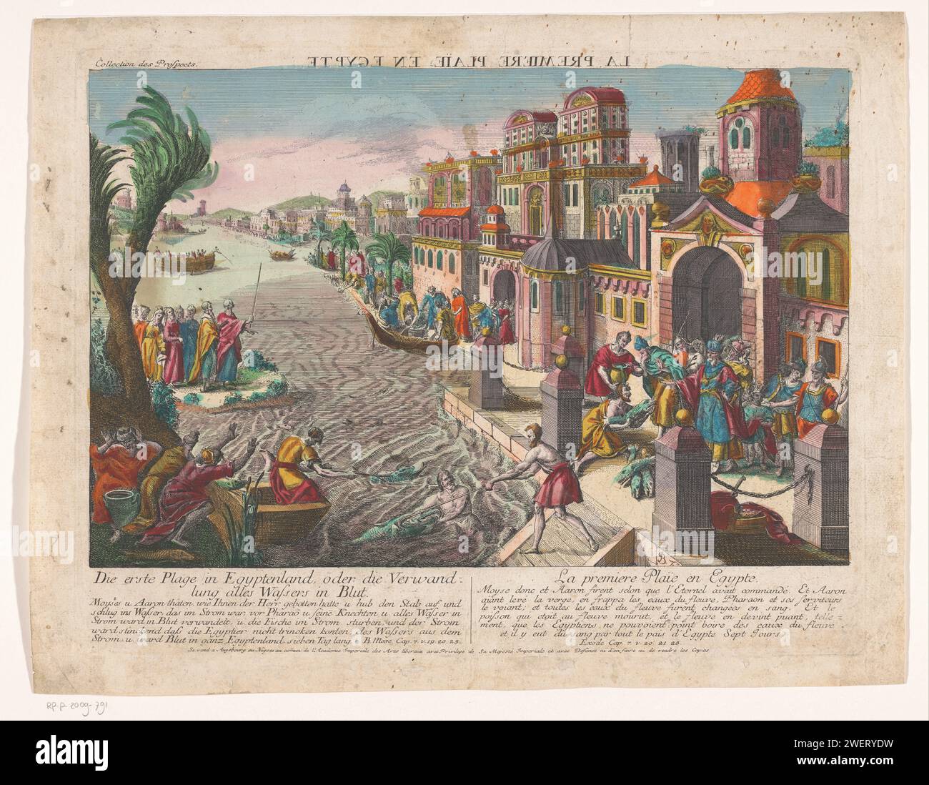 The first plague of Egypt, 1755 - 1779 print The scourge of the water turned into blood. View of a city on a river. On the shore on the left Moses that hits the water with his stick. On the right on the quay de Pharaoh with his entourage. The water is colored red and dead fish are removed. Under print explanation in German and French.  paper. watercolor (paint) etching / brush the plague of water turned into blood: as Pharaoh goes down to the Nile, Aaron strikes the surface of the river with his rod; the water turns into blood and all the fishes die Stock Photo