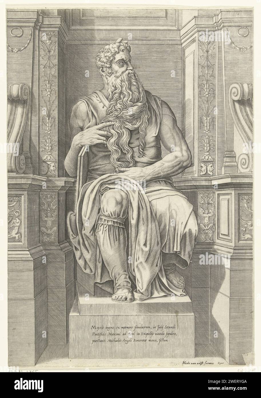 Mozes, Cornelis Bos (possibly), after Michelangelo, 1575 - 1613 print Image of the image of Moses sitting with the legislative tables. The image is on a pedestal in a richly ornamented niche. On the pedestal a text in Latin.  paper engraving piece of sculpture, reproduction of a piece of sculpture. Moses (not in biblical context); possible attributes: rays of light or horns on his head, rod, Tables of the Law Stock Photo