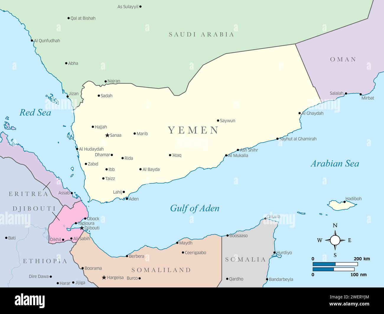 Colorful Political Map Of Yemen And Surrounding Countries Stock Photo Colorful Political Map Of Yemen And Surrounding Countries 2WERYJM 