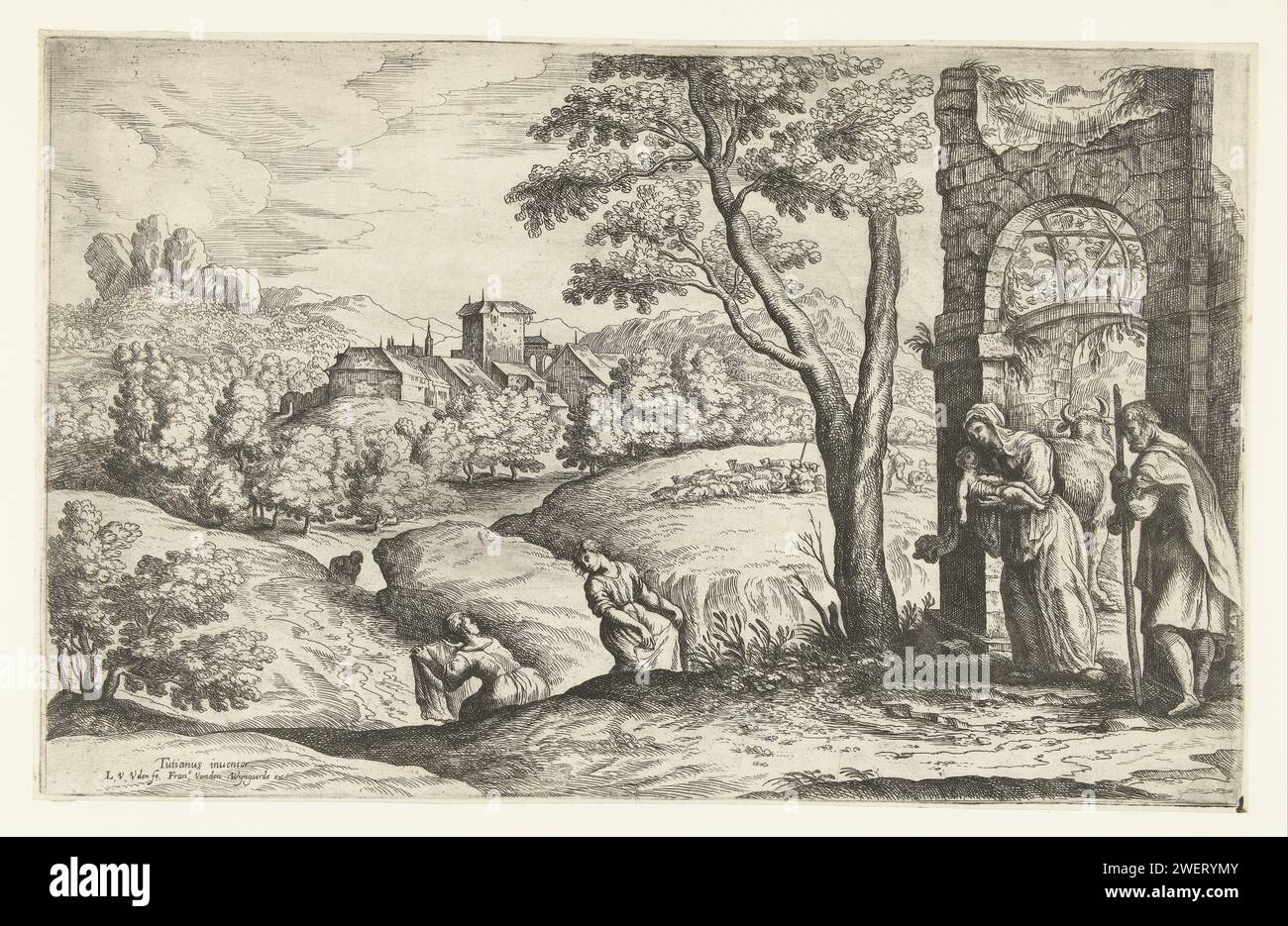 Landscape with the Holy Family and two Fool women, Lucas van Uden, After Domenico Campagnola, After Titian, 1605 - 1673 print Landscape with a ruin with Mary, the Christ child, Joseph and the Os. Two women wash sheets in a stream.  paper etching / engraving Mary, Joseph and the new-born Christ (Nativity). midwife, 'accoucheuse' Stock Photo