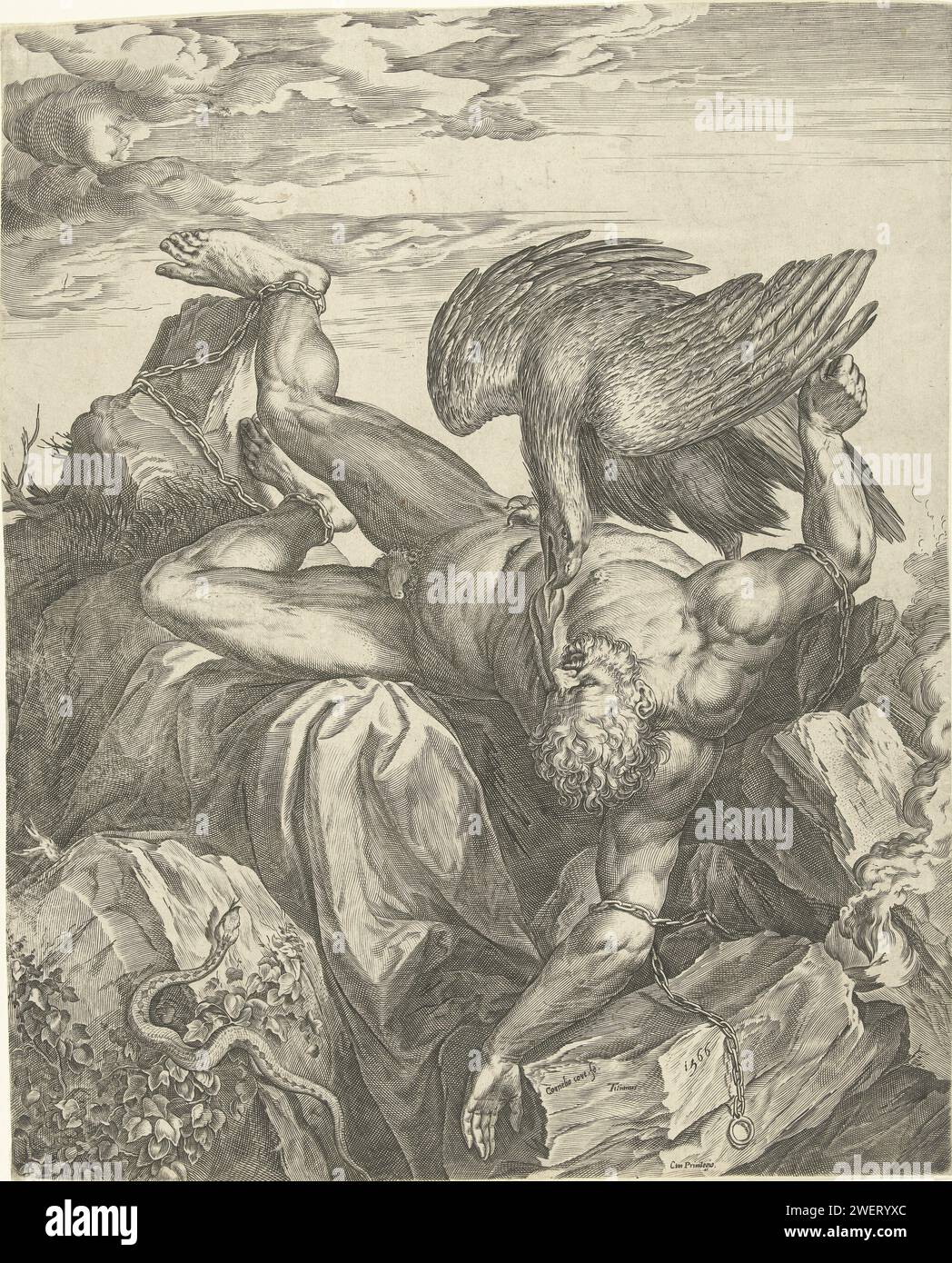 Prometheus on the rocks of the Caucasus chained / tityus in hell, Cornelis Cort, After Titian, 1566 print Presentation with two possible interpretations: 1. Tityus is punished in hell. He is chained on a rock while an eagle pulls his liver out of his body. 2. Prometheus chained on the rocks of the Caucasus. An eagle picks the liver out of his body every day.  paper engraving punishment of Prometheus; he is chained to a rock, usually by Vulcan and/or Mercury. Tityus; two vultures (or an eagle) tearing at his liver Stock Photo