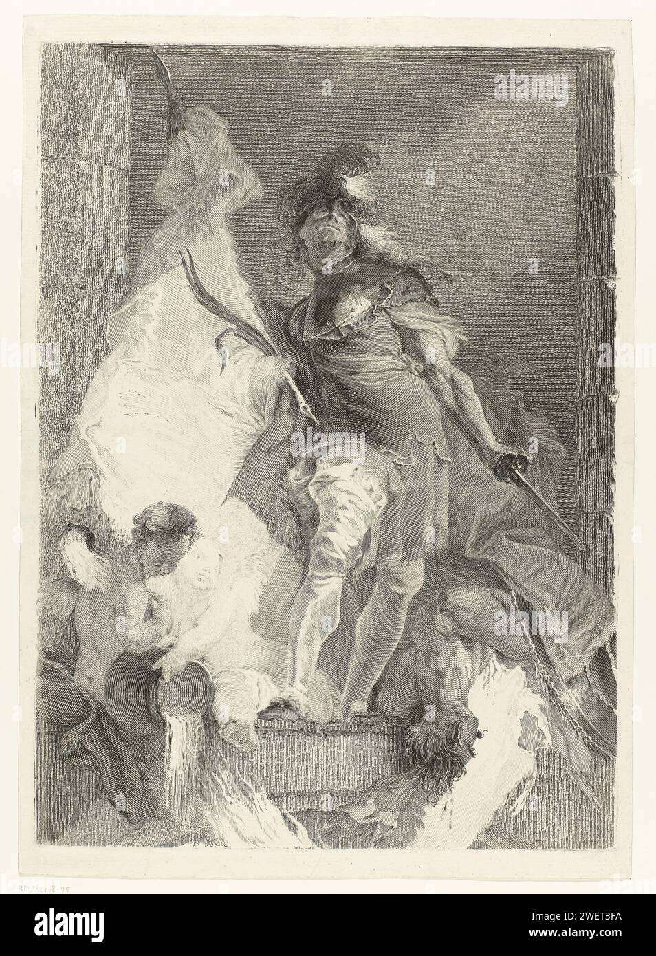The Holy Florian as a warrior with victory palm, c. 1760 print   paper etching the soldier martyr Florian of Lorch; possible attributes: bucket (pitcher), lance with banner, millstone, palm-branch, shield (with cross), sword Stock Photo