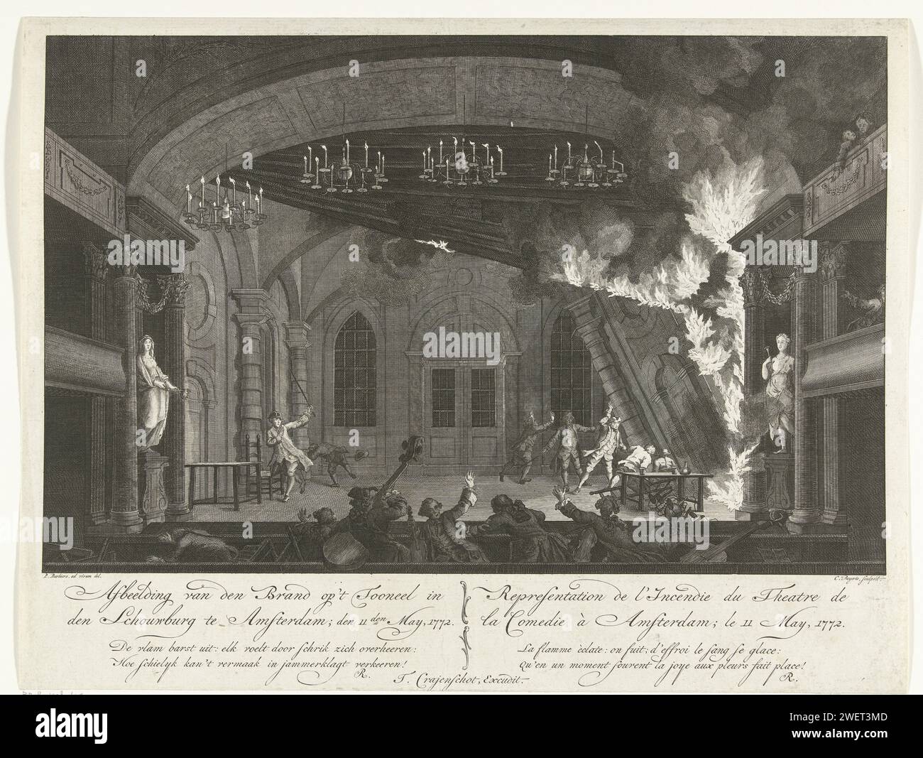 Theater of the Amsterdam Schouwburg at the outbreak of the Brand, 1772, Cornelis Bogerts, after Pieter Barbiers (I), 1772 print View on the scene of the Amsterdam Schouwburg during the outbreak of the fire on 11 May 1772. The fire started during the performance of the opera 'De Deserteur'. On stage, actors flee and on the right a burning set piece falls around. Musicians flee the orchestra bin in the foreground. Under the show the title and a two -way verse in Dutch (left) and French (right). Part of a series of four prints with title print about the fire in the Amsterdam Schouwburg.  paper et Stock Photo