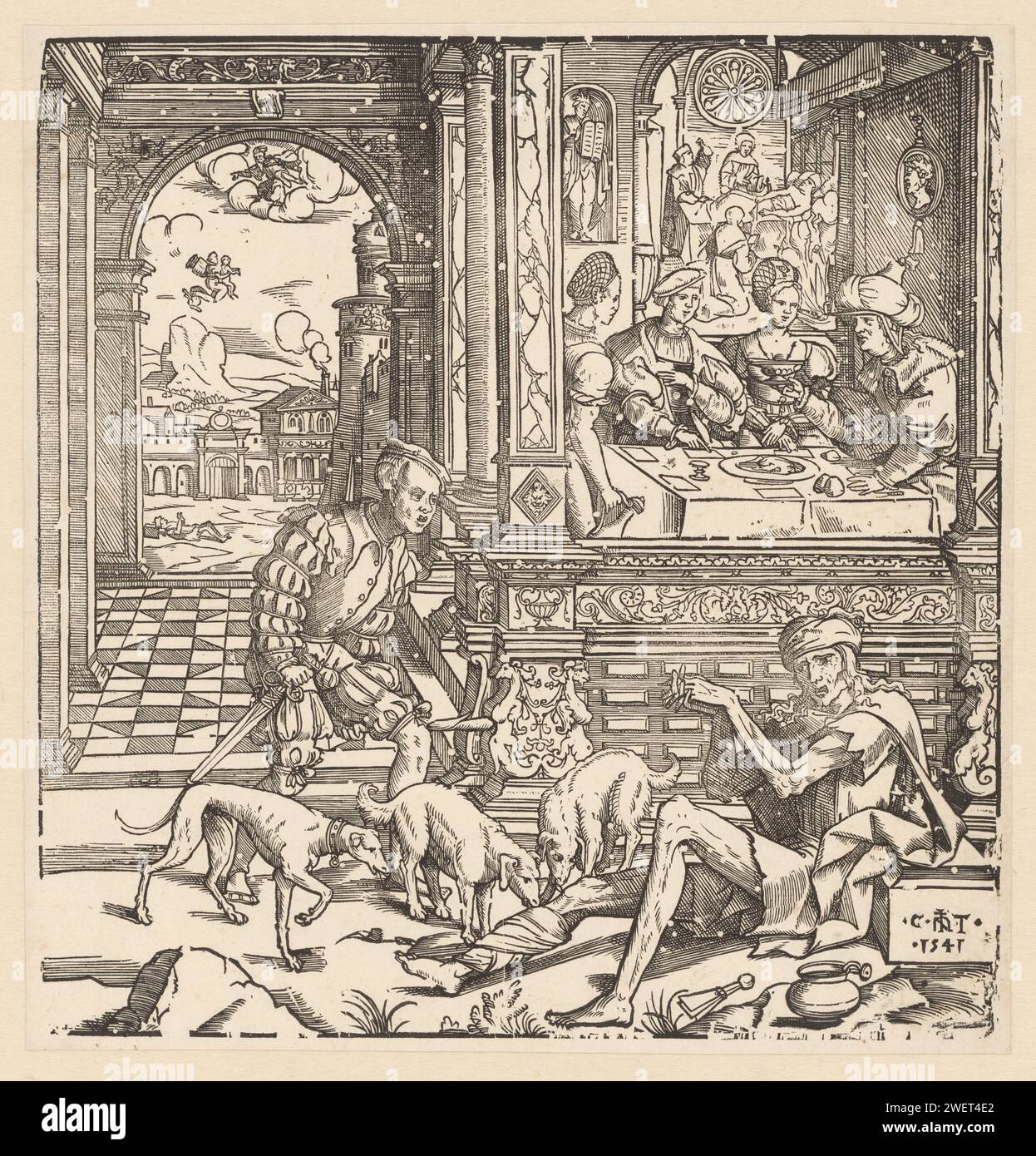 The rich man and the poor Lazarus, Cornelis Anthonisz., 1541 print The rich man with three dogs and Lazarus in rags, at the house in which a party is going on. Left in the background soul of Lazarus worn to heaven, on the right in the background deathbed of rich man and soul who goes to hell.  paper  the rich man (Dives) is feasting, while poor Lazarus is starving at the gate (dogs licking Lazarus' sores) (Luke 16:19-31). Lazarus dies: his soul is carried into Abraham's lap by angels. Dives dies; his soul is brought into hell by devils Stock Photo