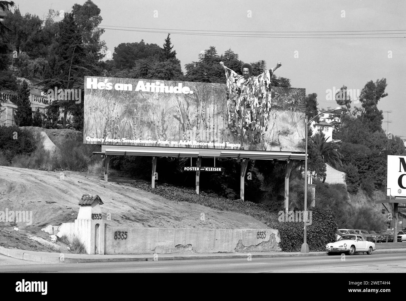 1960s era billboard on the Sunset Strip promoting musician Quincy Jones, Los Angeles, California, USA Stock Photo