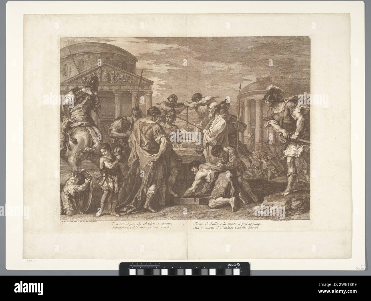 Furius Camillus freed Rome, Francesco Bartolozzi, after Sebastiano Ricci, 1738 - 1815 after Brennus, Francesco Bartolozzi, after print Furius Camillus frees Rome besieged by the Gallic leader Brennus. Camillus and his army approach from the right. In the foreground a group of men. Classic buildings in the background. Italian verse in two columns in the lower margin.  paper etching (story of) Marcus Furius Camillus. (story of) Brennus. the soldier; the soldier's life. temple, shrine  Roman religion Rome Stock Photo