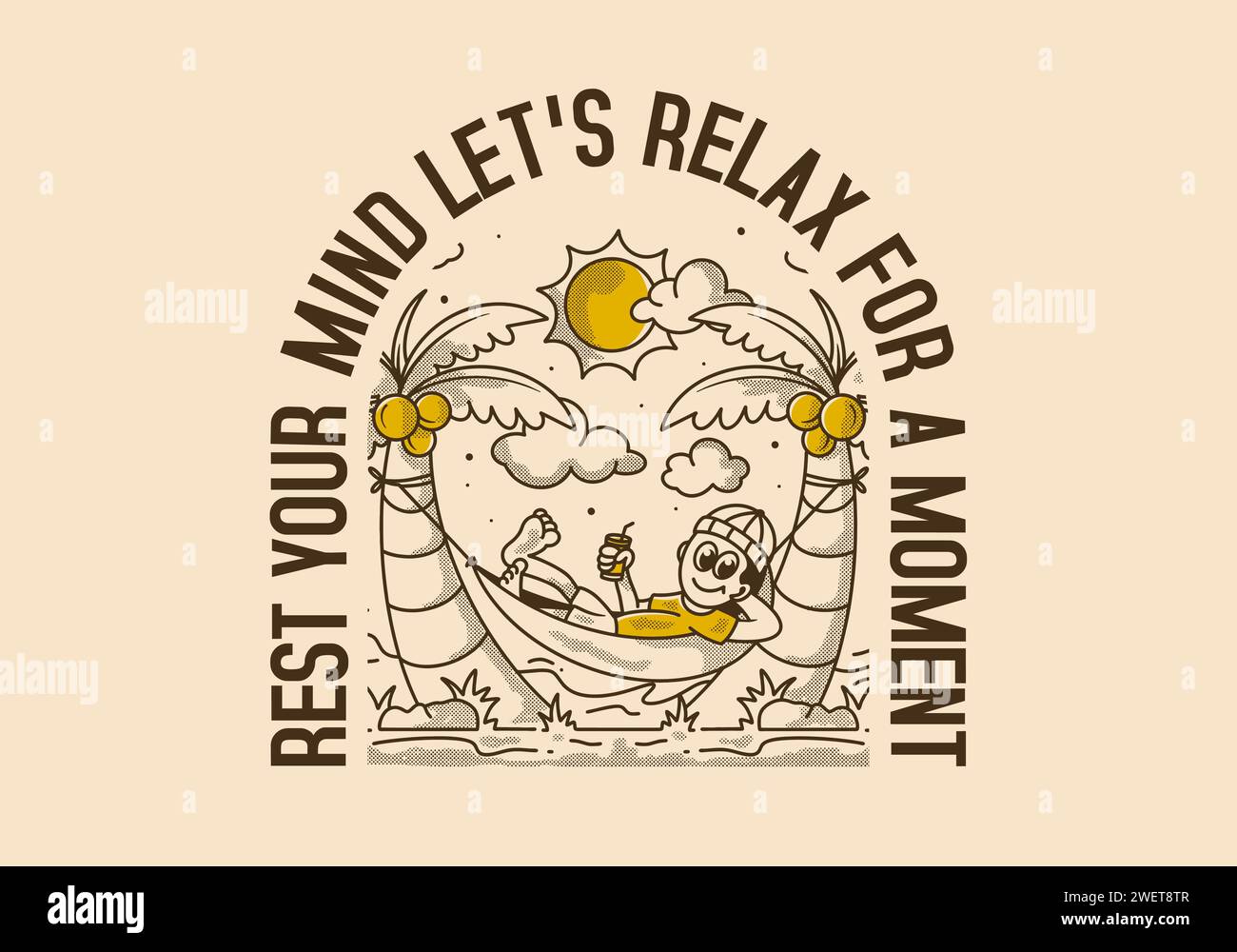 Rest your mind, let's relax for a moment. Retro illustration of a guy hanging on the hammock Stock Vector