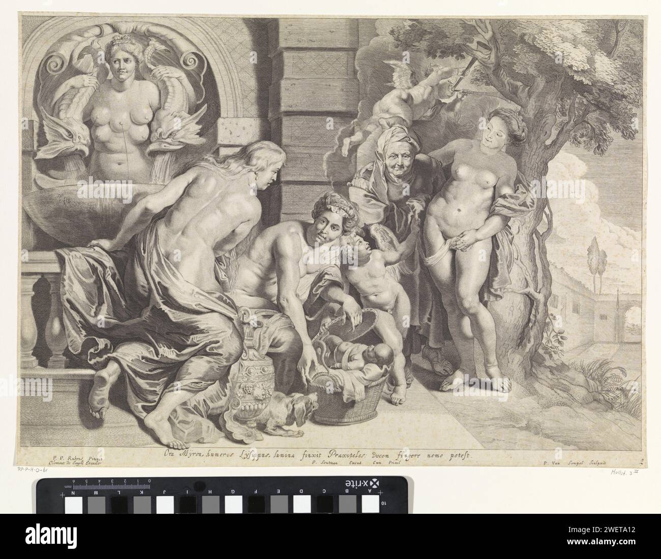 Erichthonius in his basket, Pieter van Sompel, after Peter Paul Rubens, c. 1640 - c. 1670 print The three daughters of King Cecrops open the basket with Erichthonius entrusted to them by Minerva. A dog grumbling together when he sees the legs of the baby, ending in snake tails. On the left a fountain with the representation of Diana van Ephesus, who here proposes Mother Earth (Gaea), the mother of the Kleine Erichthonius. Under the image a verse in Latin of the Polish poet Maciej Kazimierz Sarbiewski. Scene from Ovidius' Metamorphosen (with. II, 553-563).  paper engraving Erichthonius, hidden Stock Photo