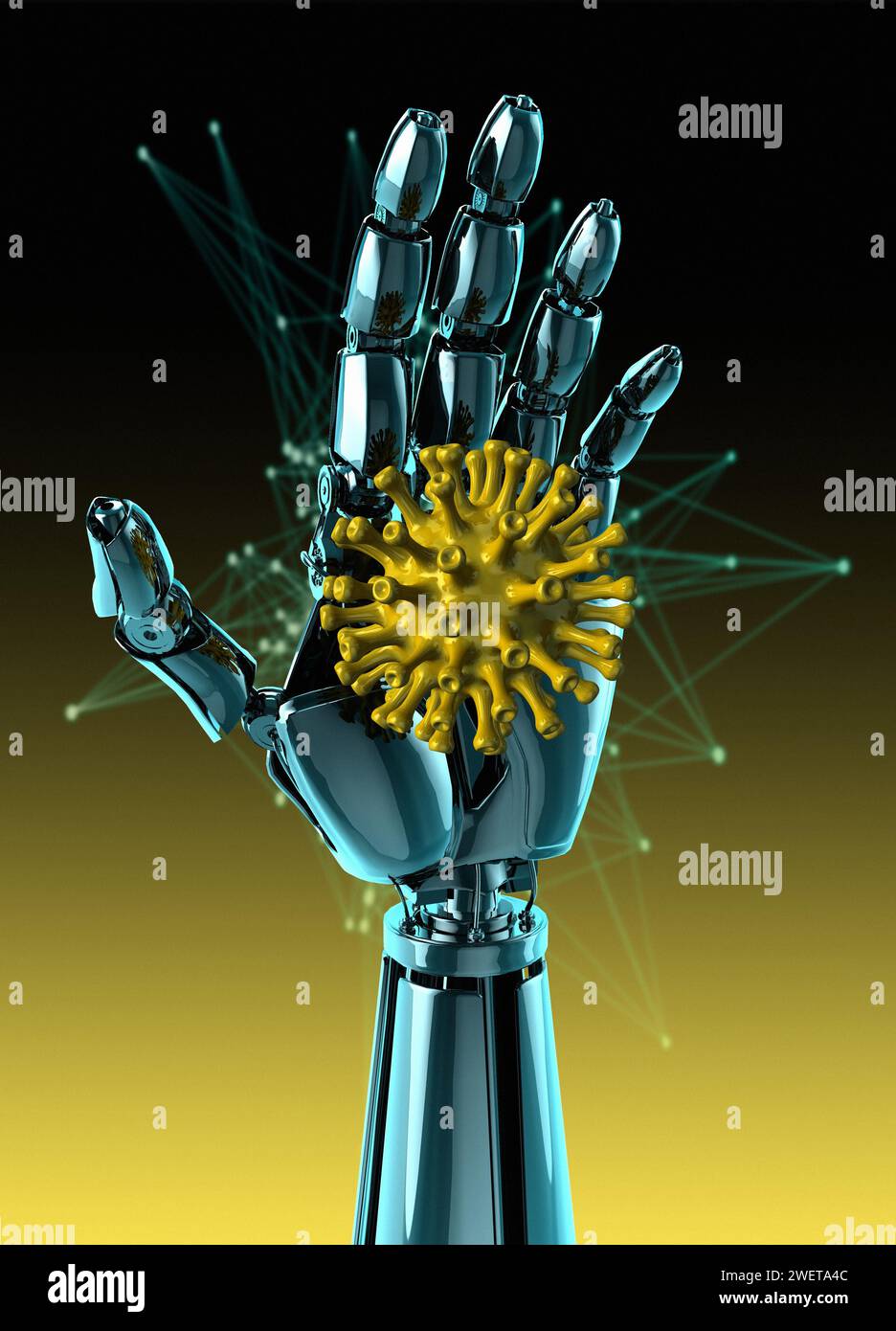 Robot holding virus, illustration Stock Photo