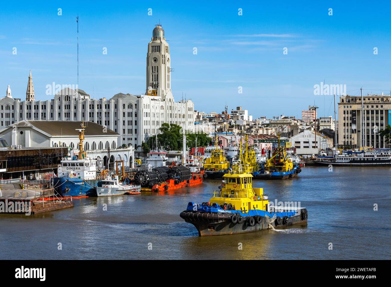 The Custom Building overlooking ships at busy port of Montevideo, Uruguay. Stock Photo