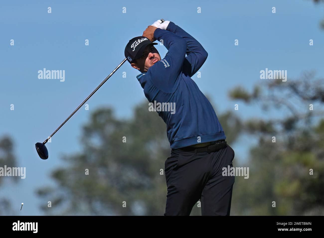 San Diego, California, USA. 26th Jan, 2024. Joseph Bramlett watches his drive on the 5th hole during the third round of the Farmers Insurance Open at Torrey Pines South in San Diego, California. Justin Fine/CSM/Alamy Live News Stock Photo
