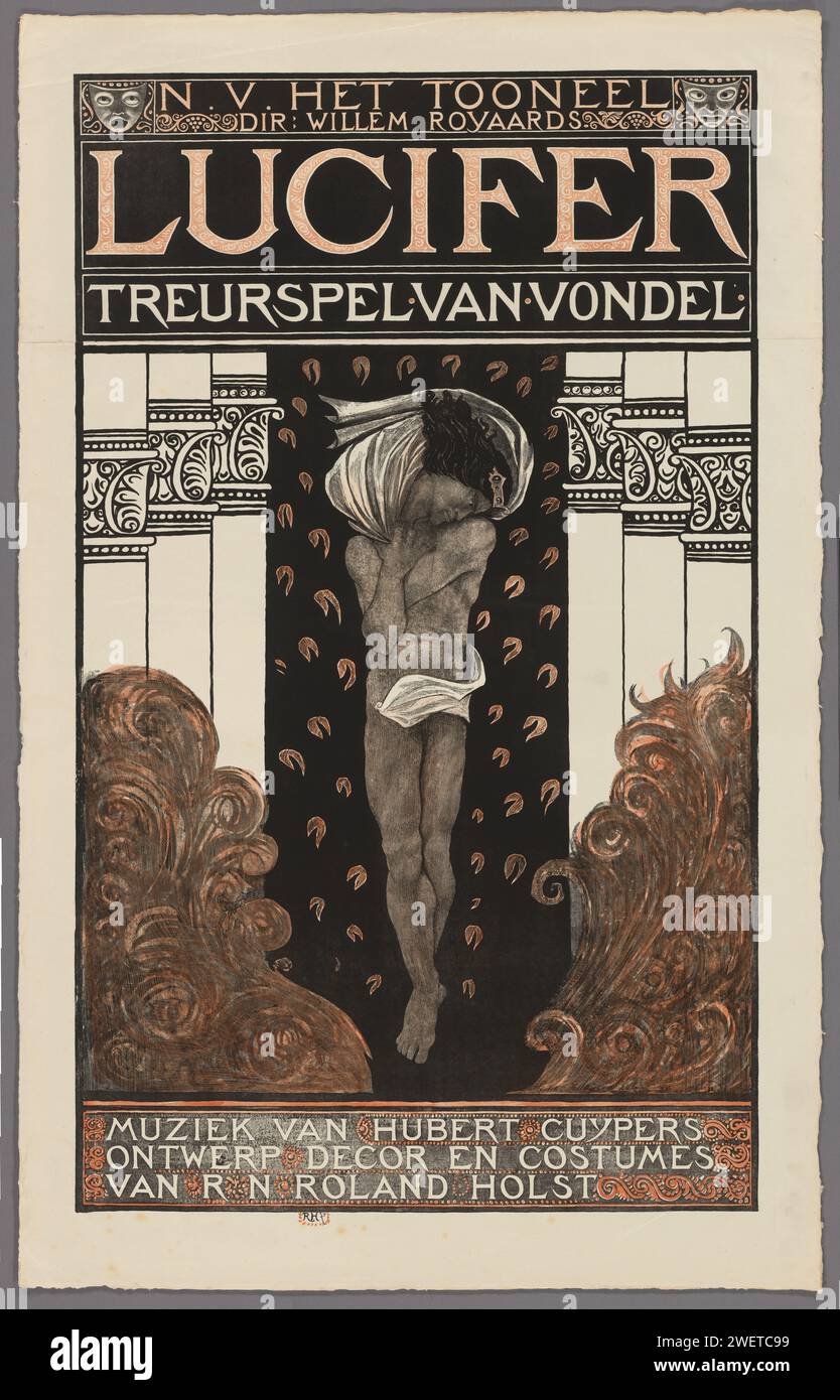 Poster for the play Lucifer van Vondel, Richard Nicolaüs Roland Holst, c. 1910 poster. print Push for the play 'Lucifer' by Joost van den Vondel, with music by Hubert Cuyper and decor design and costumes by Richard Nicolaüs Roland Holst.  paper  devil(s) and demons: Lucifer Stock Photo