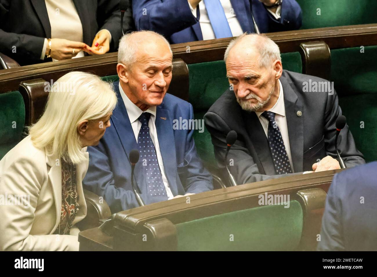 Warsaw, Poland. 26th Jan, 2024. Antoni Macierewicz (right), former Minister of Defence of Poland attends the 4th session of Polish Parliament that takes place amid chaos created by legal disagreement with the previous government. The current government took over power in Poland on December 13, 2023, taking over from the Law and Justice far-right political party, which has ruled for 8 years. Both sides accuse each other of unconstitutional acts, and two de facto legal systems are present in the country. Credit: SOPA Images Limited/Alamy Live News Stock Photo