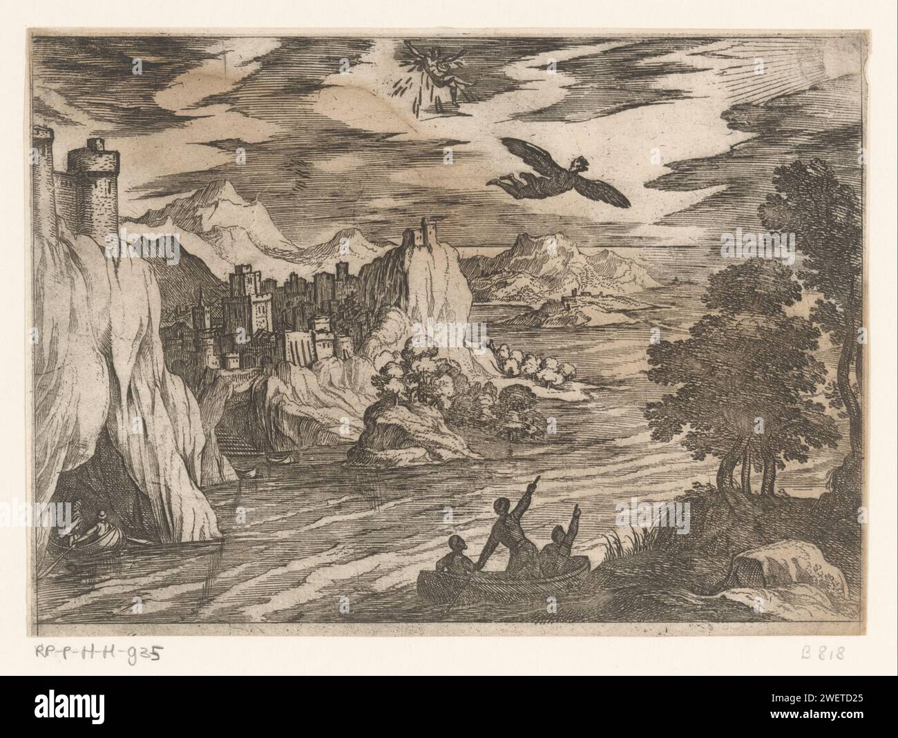 Landscape with the fall of Icarus, Antonio Tempesta, 1565 - 1630 print Landscape with sea and rocks and the falling Icarus and the floating Daedalus. Icarus flew too close to the sun, so that the wax melted with which its wings were attached.  paper etching death i.e. the fall of Icarus (Daedalus present). landscapes - HH - ideal landscapes Stock Photo